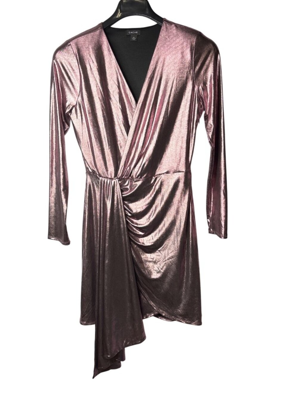 Cache Drapey Faux Wrap Dress Size 4 Metallic Pink Shoulder Pads Lined Above Knee